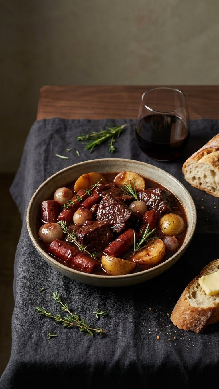 Rich Red Wine Beef Stew In Elegant Bowl With Tender Beef, Red Wine-Stained Vegetables. Served With Rosemary, Baguette, Red Wine. Sophisticated, Gourmet Meal.