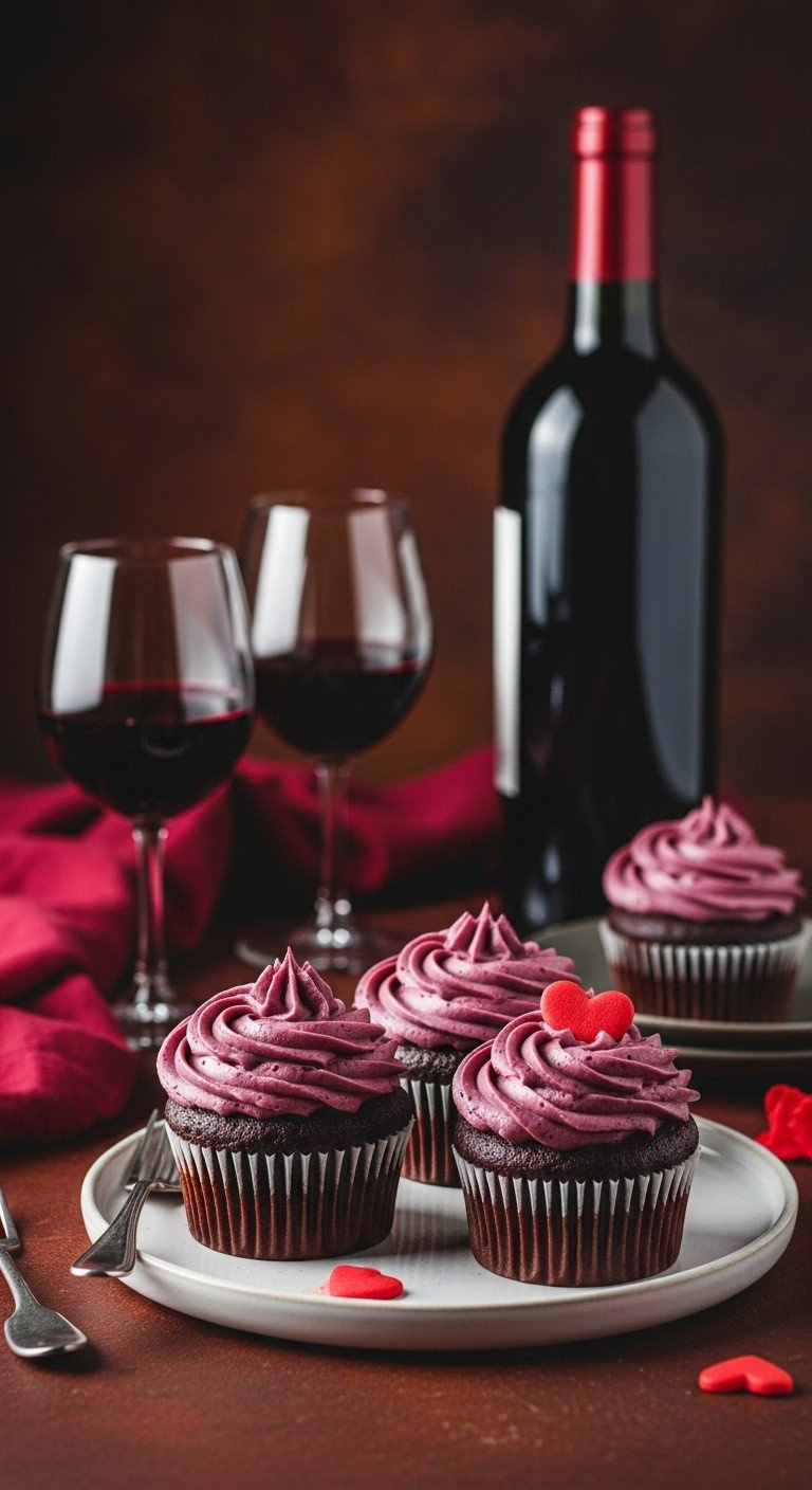Rich Red Wine Chocolate Cupcakes With Dark Purple Frosting, Adorned With A Red Sugar Heart. Elegant Gourmet Dessert.