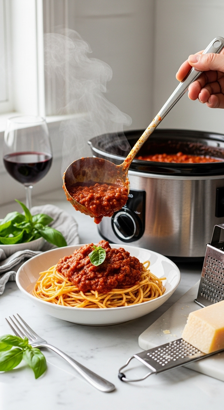 Rich Slow Cooker Meat Sauce Being Ladled Onto Spaghetti In A White Bowl With Basil Parmesan And Red Wine On A Marble Counter