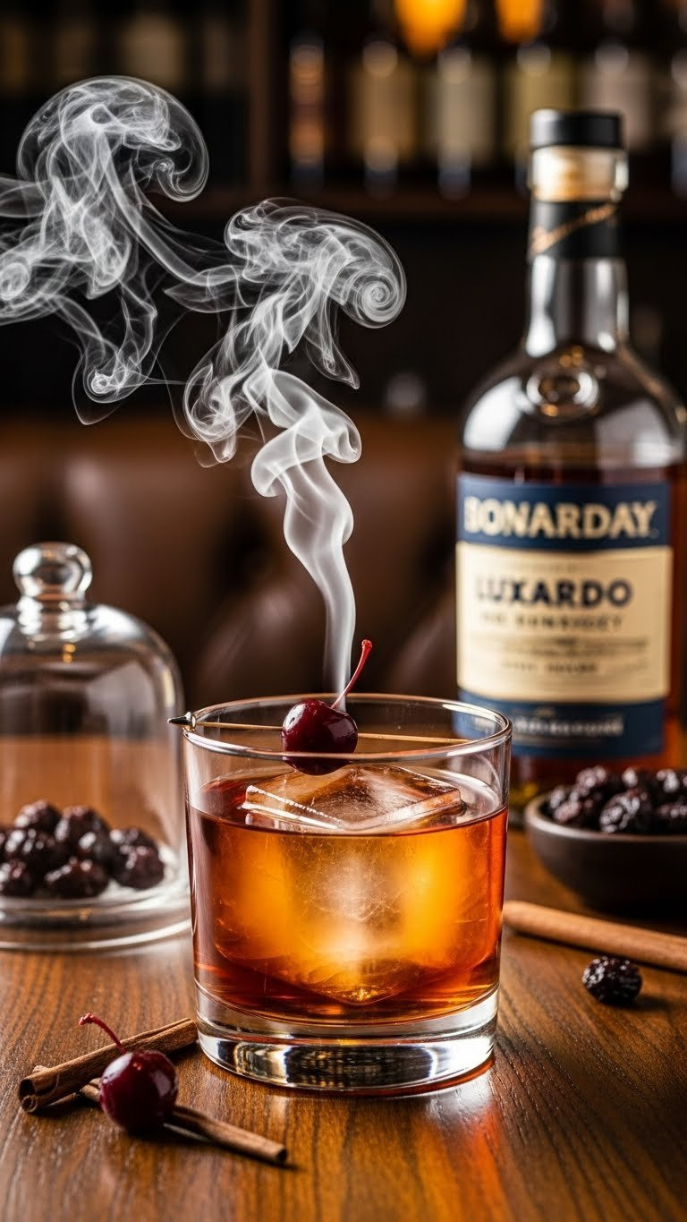 Rich Smoked Cherry Vanilla Old Fashioned Mocktail In Rocks Glass With Luxardo Cherry And Clear Ice Cube