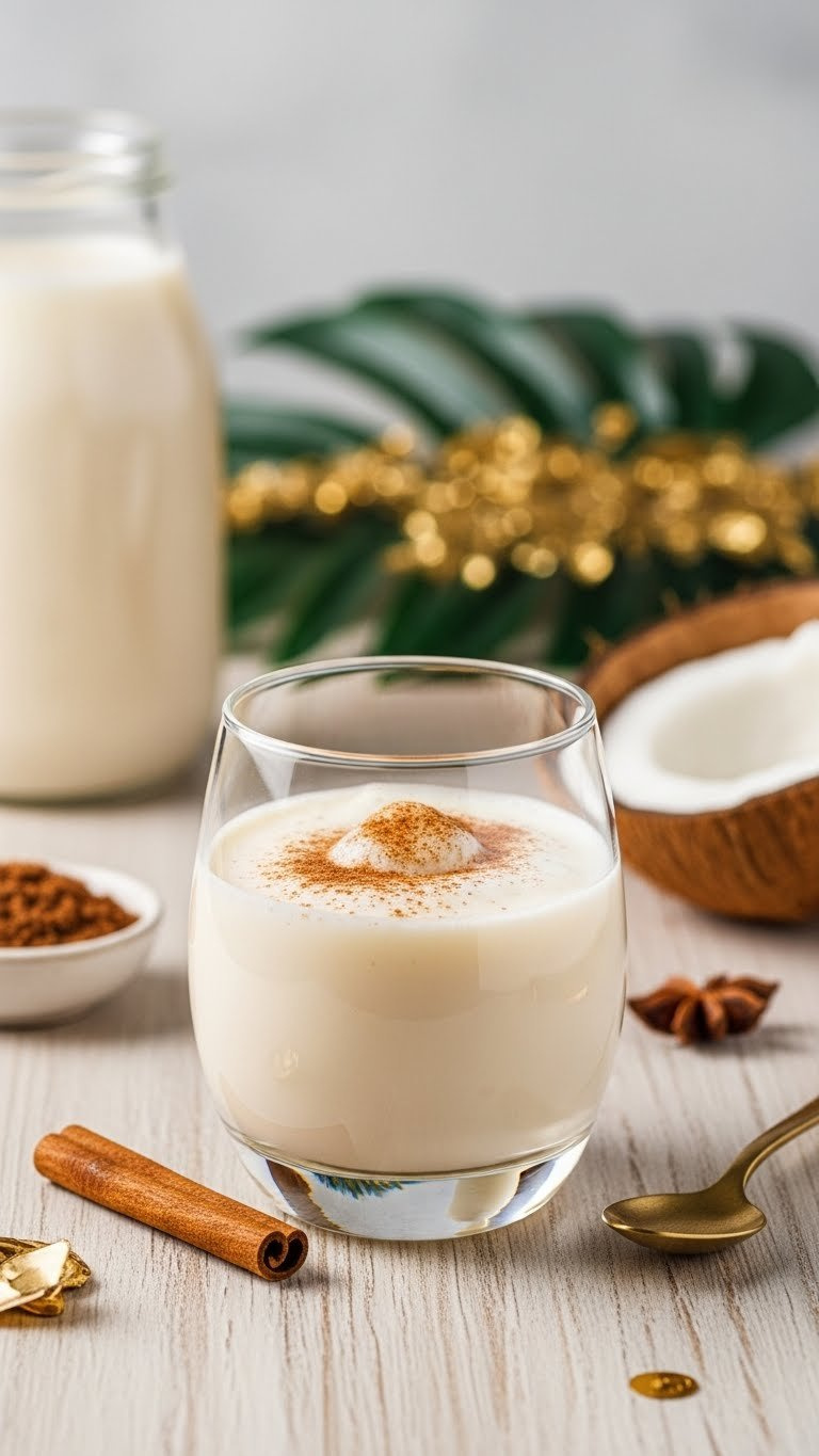 Rich Smooth Coquito In Chilled Glass With Cinnamon Dusting On Light Wooden Table