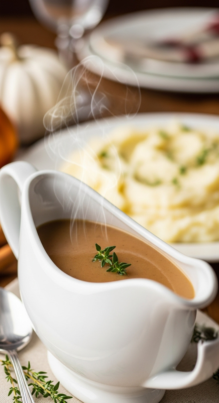 Rich, Smooth Brown Turkey Gravy With Steam Rising, Garnished With Fresh Thyme In A White Ceramic Gravy Boat.