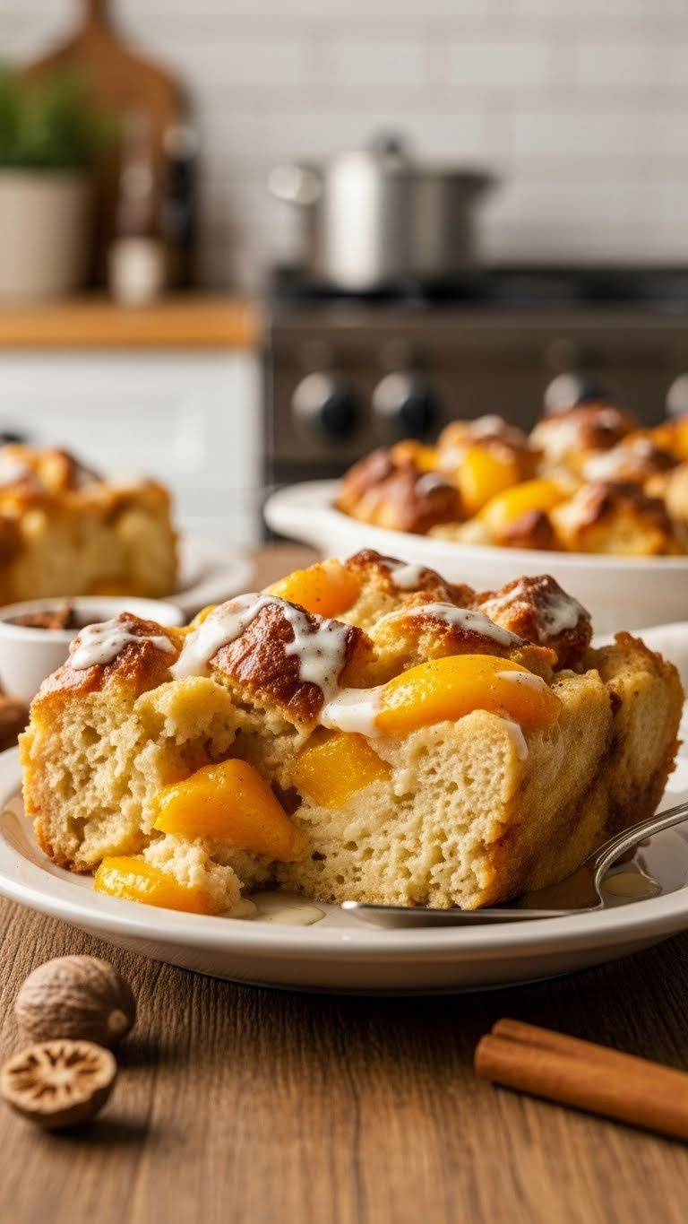 Rich Spiced Peach Bread Pudding In A Bowl, Soaked In Creamy Vanilla Sauce, With Soft Peaches, Nutmeg, And Cinnamon On Rustic Wood.