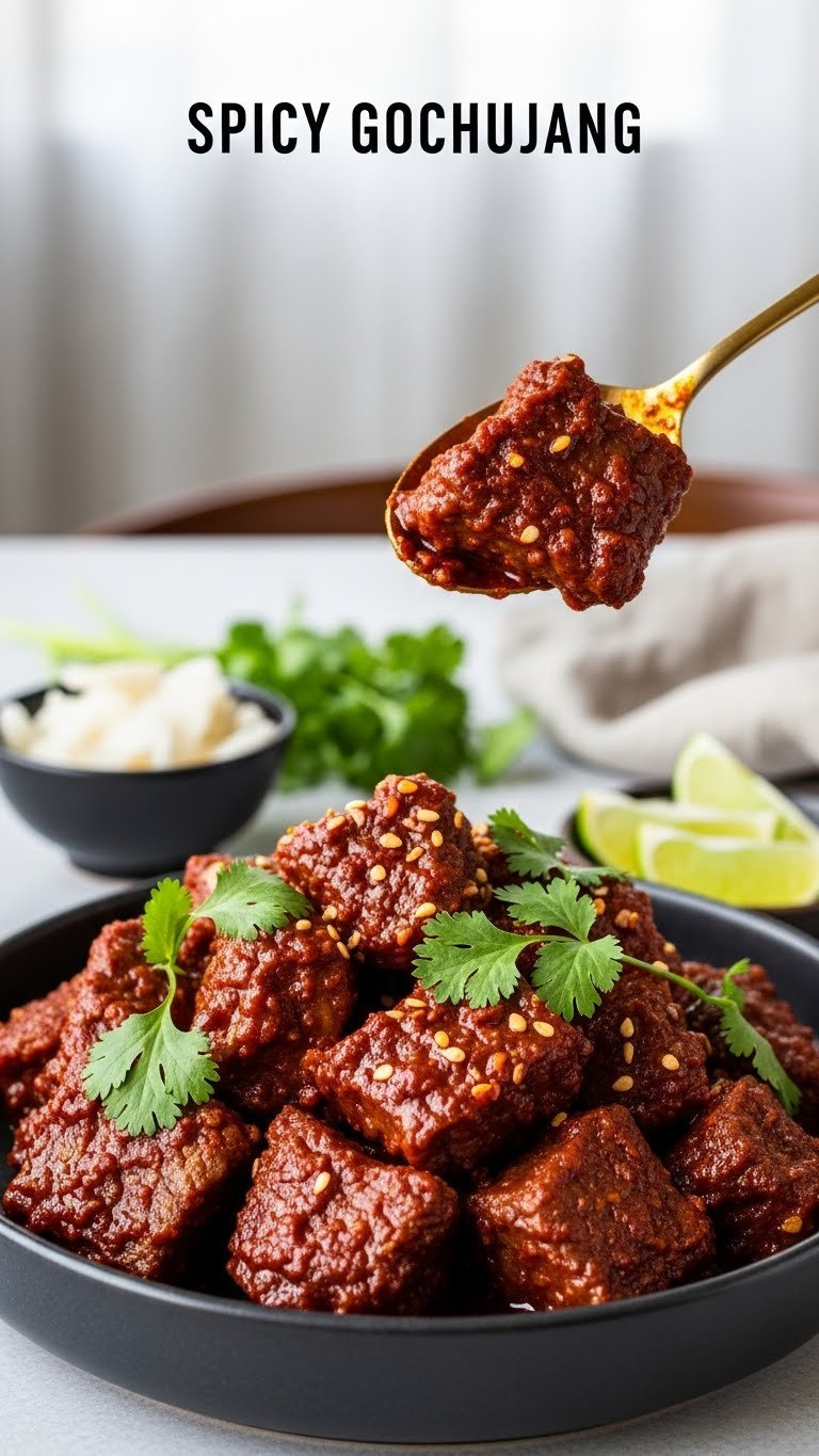 Rich, Spicy Gochujang Instant Pot Korean Beef, Glistening With Red Sauce, Garnished With Cilantro, Served In A Dark Bowl With Daikon.