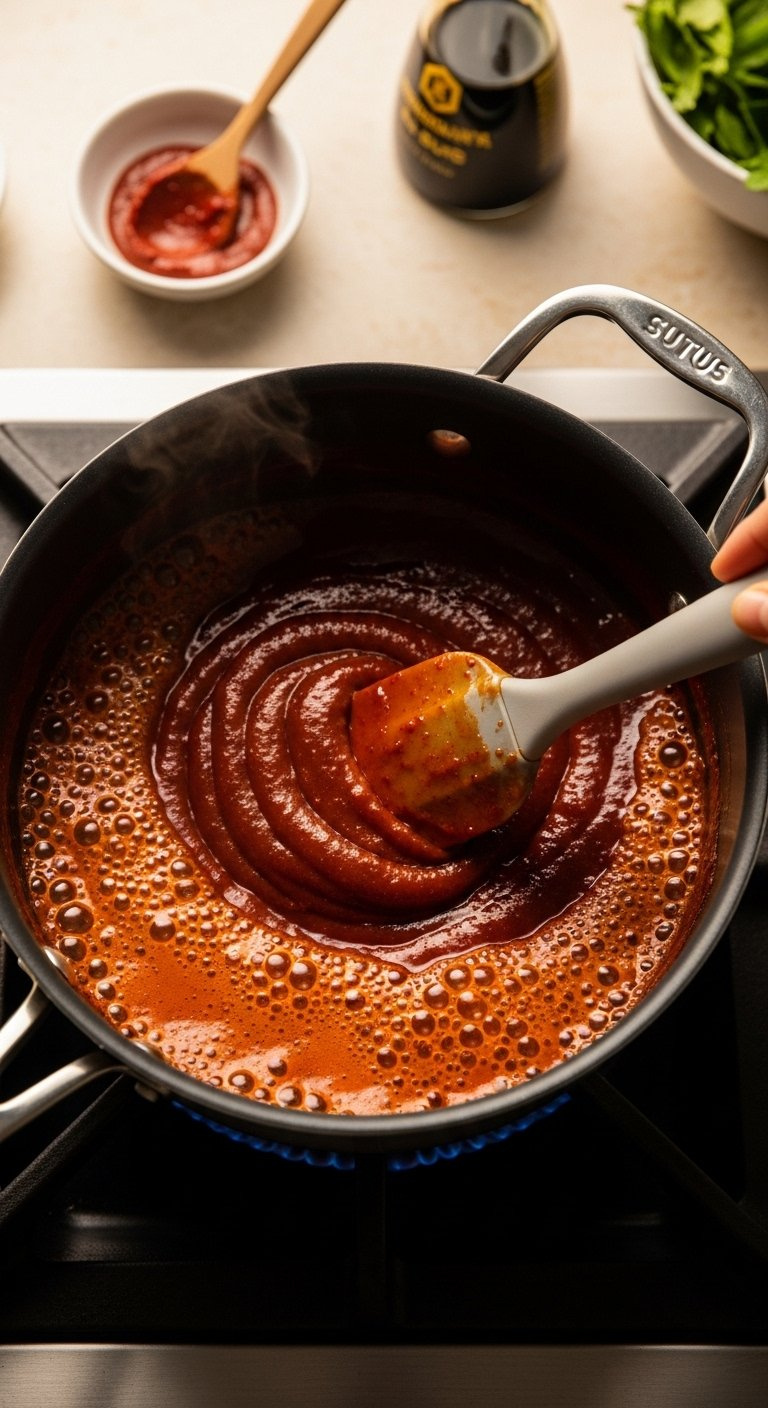 Rich Sticky Gochujang Sauce Simmering In A Saucepan Stirred With A Silicone Spatula On A Dark Stovetop.