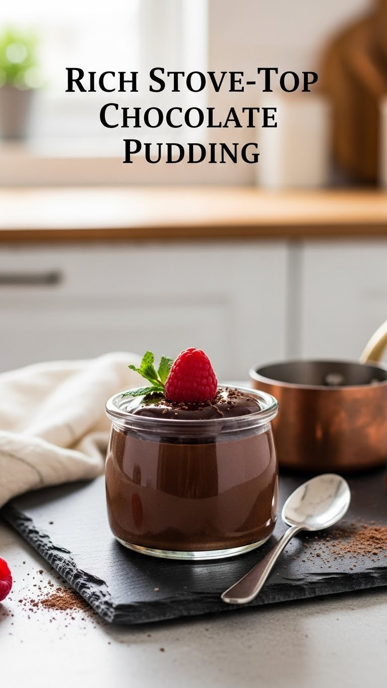 Rich Stove-Top Chocolate Pudding In Glass Ramekin, Glossy Ganache, Fresh Raspberry. Easy Homemade Dessert.