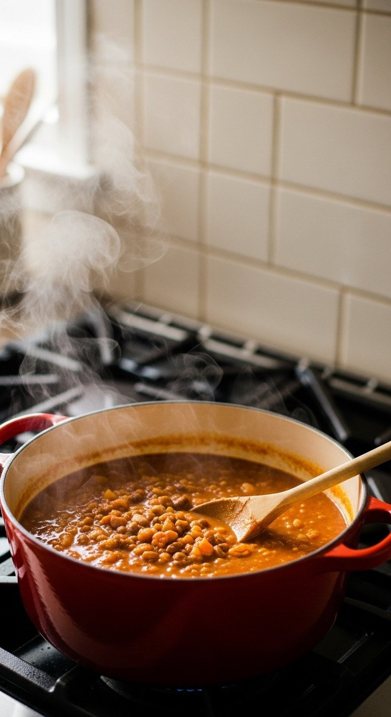 Rich, Thick Pumpkin Chili Bubbling In A Dutch Oven, Wooden Spoon Resting, Visible Steam. Comforting Fall Recipe.