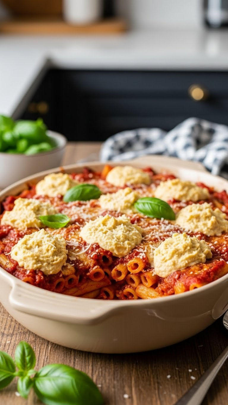Rich Vegan Baked Ziti With Layers Of Pasta, Tomato Sauce, And Cashew Cream In Oval Casserole Dish On Rustic Table