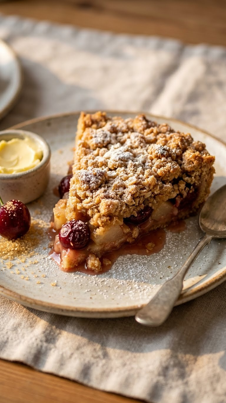 Rich Vegan Cherry Crumble Slice With Plant-Based Buttery Topping, Fresh Cherry Garnish, And Vegan Butter On Linen.