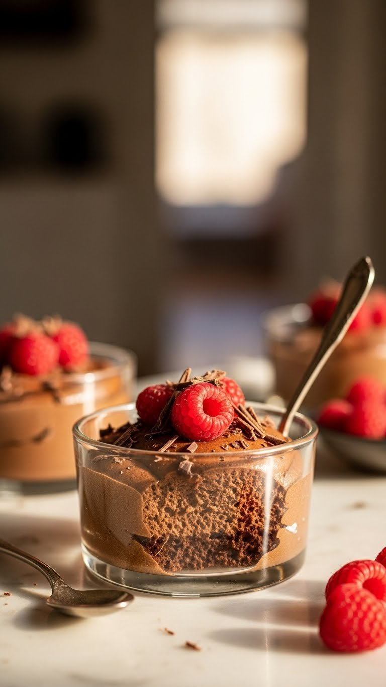Rich Vegan Chocolate Mousse In Glass Ramekins, Topped With Fresh Raspberries And Chocolate Curls. Marble Countertop. Decadent Dessert.