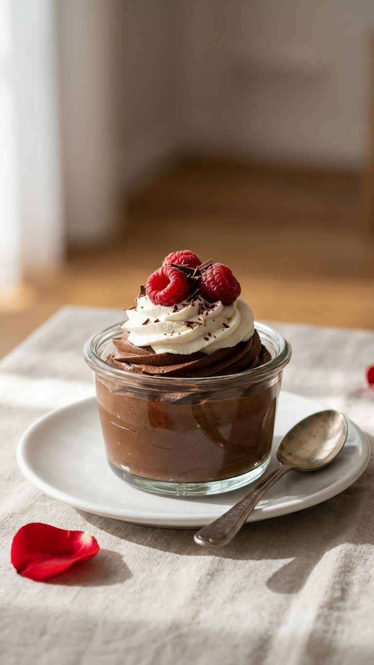 Rich Vegan Chocolate Mousse Topped With Whipped Cream And Raspberries In An Elegant Glass Ramekin On A White Plate.