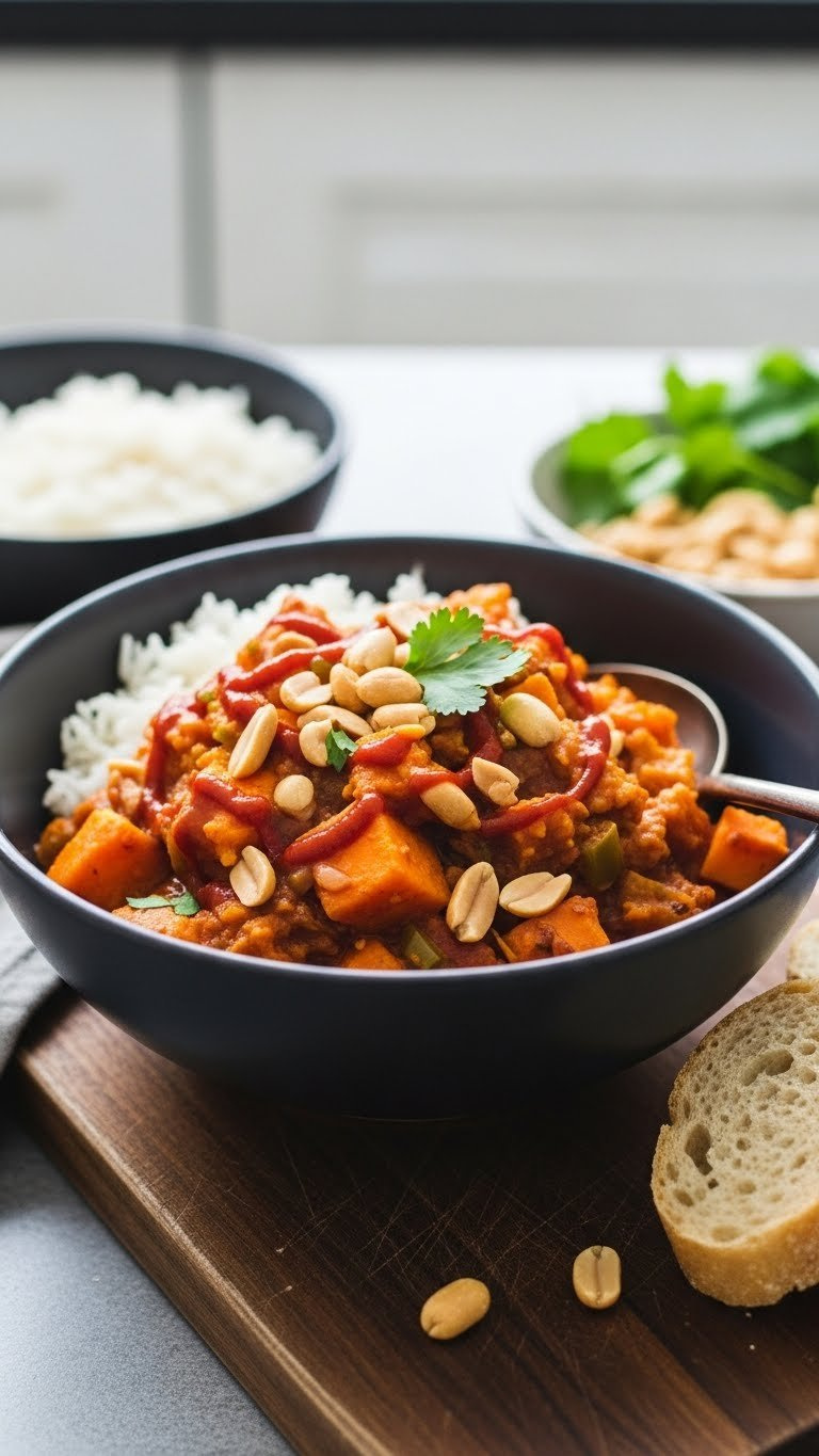 Rich Vegan Sweet Potato And Peanut Stew With Bell Pepper And Sriracha Drizzle In A Dark Ceramic Bowl On A Wooden Board, With A Blurred Kitchen Background.