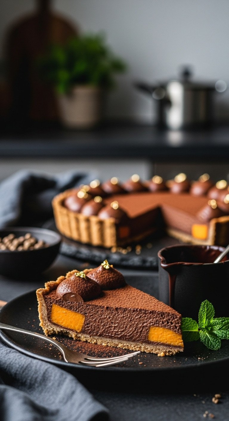 Rich Vegan Sweet Potato Chocolate Tart Slice With Gluten-Free Crust, Cocoa, Mint On Dark Plate, Dramatic Lighting.