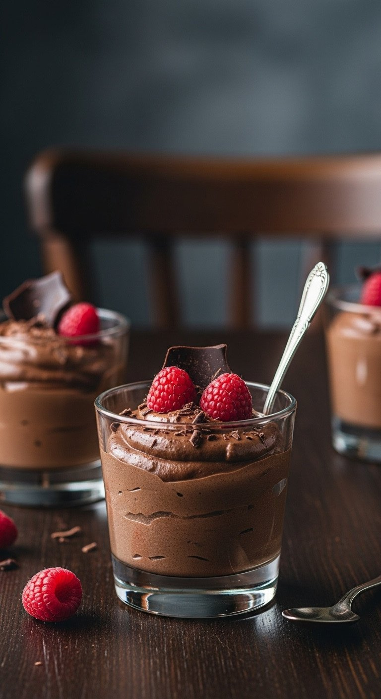 Rich, Velvety Chocolate Avocado Mousse In A Glass Dish, Garnished With Fresh Raspberries And A Delicate Chocolate Shaving.