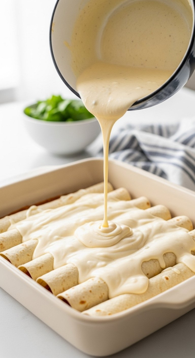 Rich White Queso Sauce Being Poured Over Rolled Enchiladas In A Baking Dish.