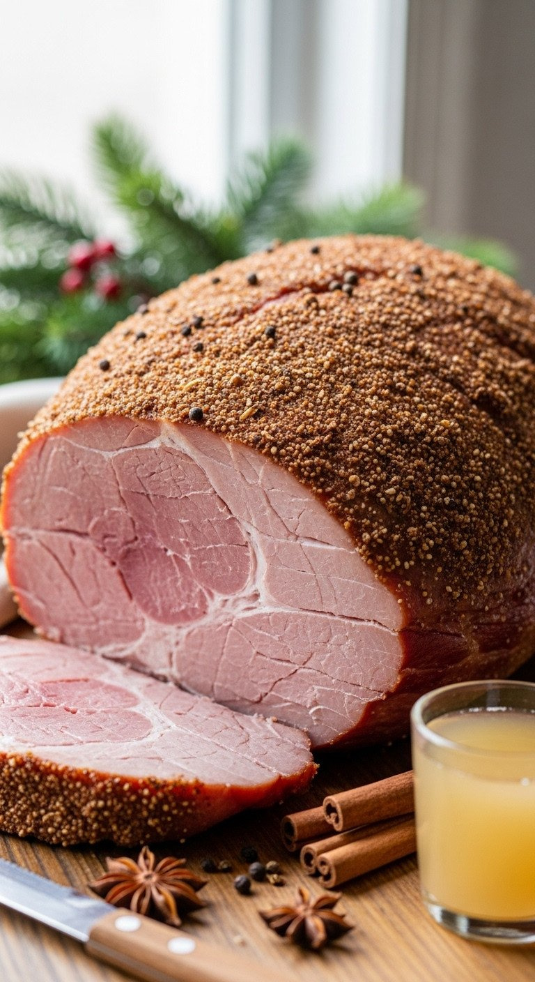 Richly Spiced Crusted Ham, Visible Cinnamon And Allspice, On Rustic Wood With Blurred Christmas Greenery. Festive Dish.