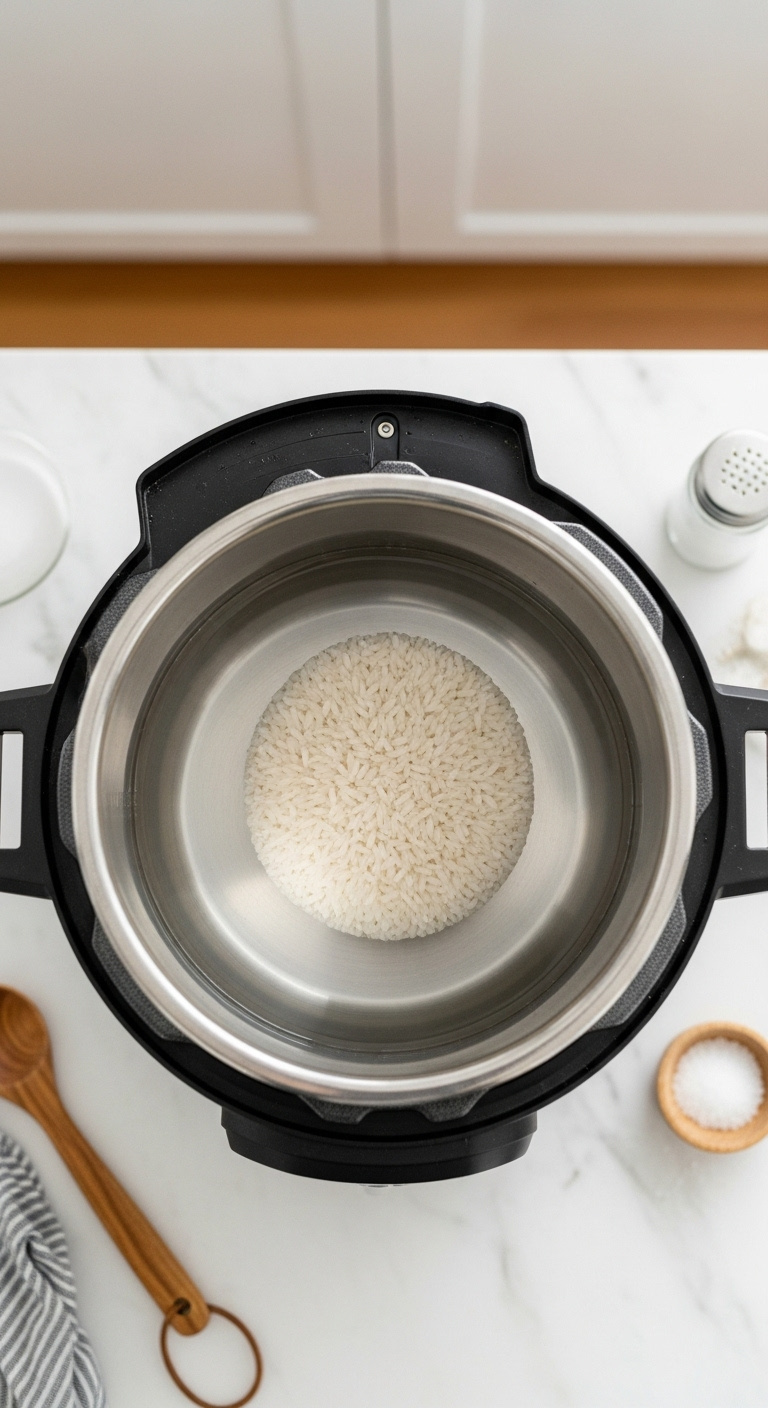 Rinsed White Long Grain Rice And Clear Water In A Stainless Steel Instant Pot Inner Pot On A Marble Countertop