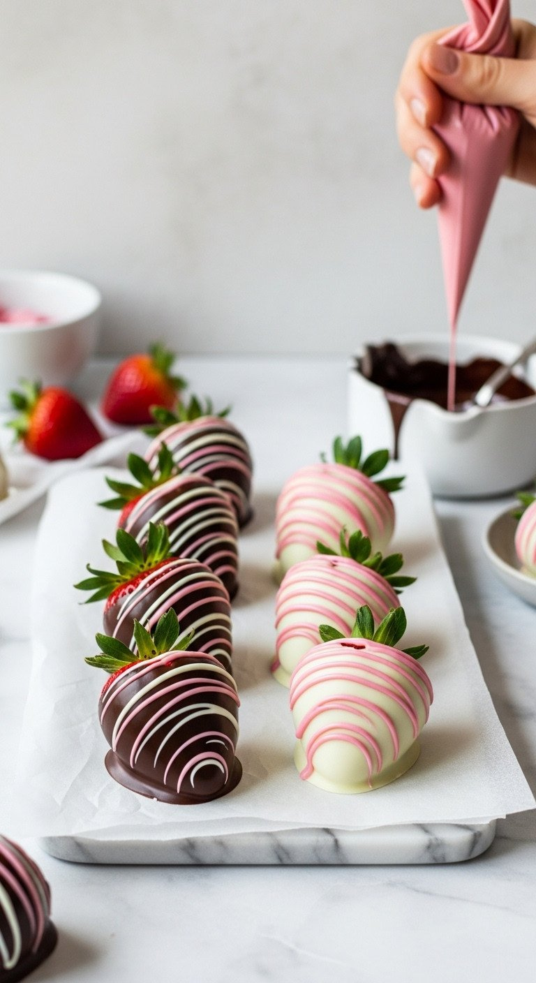 Ripe Strawberries Coated In Milk &Amp; White Chocolate With Drizzles, On Parchment. Gourmet Chocolate Fruit Dessert.