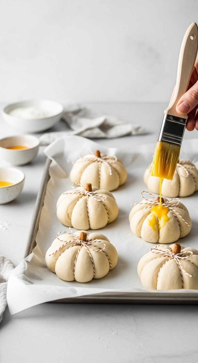 Risen Pumpkin-Shaped Dinner Roll Dough On A Parchment-Lined Baking Sheet, With Pastry Brush And Egg Wash, Bright Kitchen.