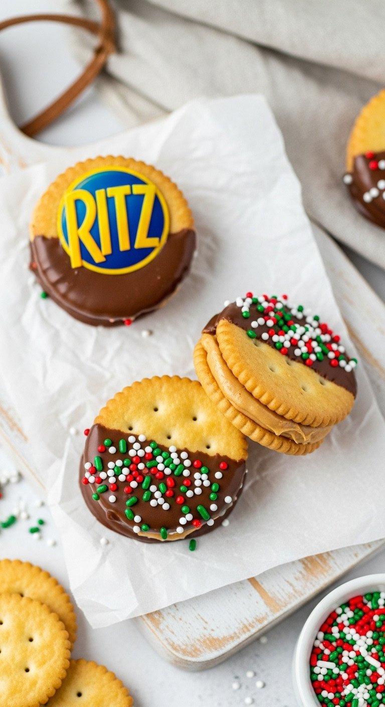 Ritz Cracker Cookies: Peanut Butter Filled, Half-Dipped In Chocolate With Festive Red And Green Sprinkles, On Parchment.