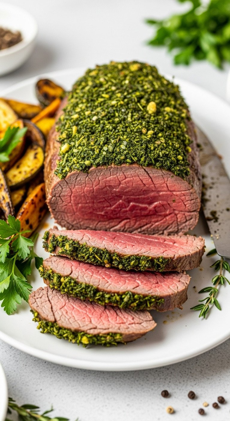 Roasted Beef Tenderloin Medallions, Medium-Rare With Vibrant Herb Crust, On White Platter. Elegant Christmas Dinner Centerpiece.
