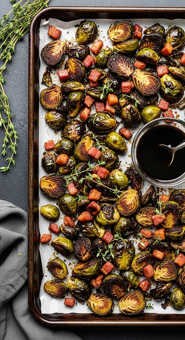 Roasted Brussels Sprouts With Crispy Bacon &Amp; Balsamic Glaze On Metal Sheet Pan. Thyme Garnish. Healthy Side.
