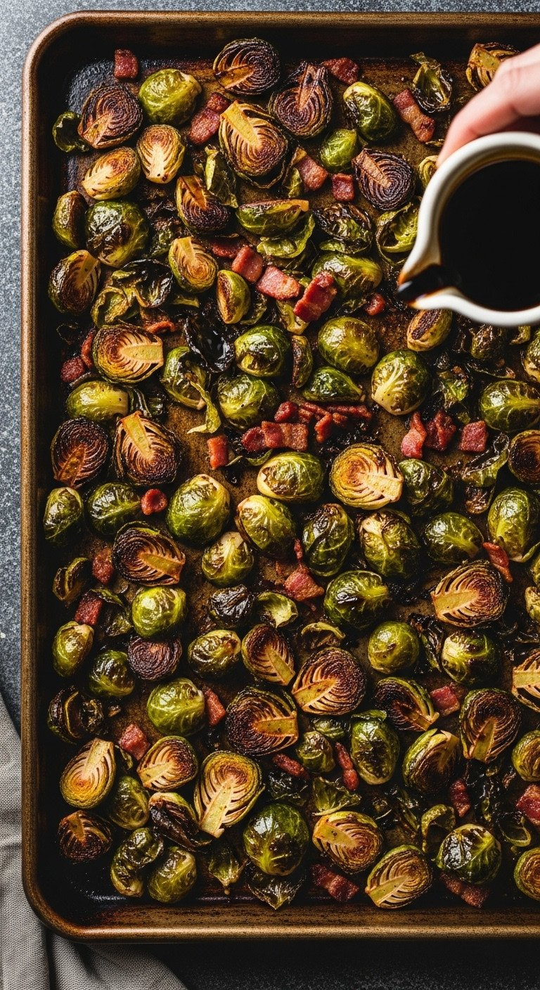 Roasted Brussels Sprouts With Crispy Bacon On A Sheet Pan, Glistening With Balsamic Glaze, On A Dark Rustic Surface.