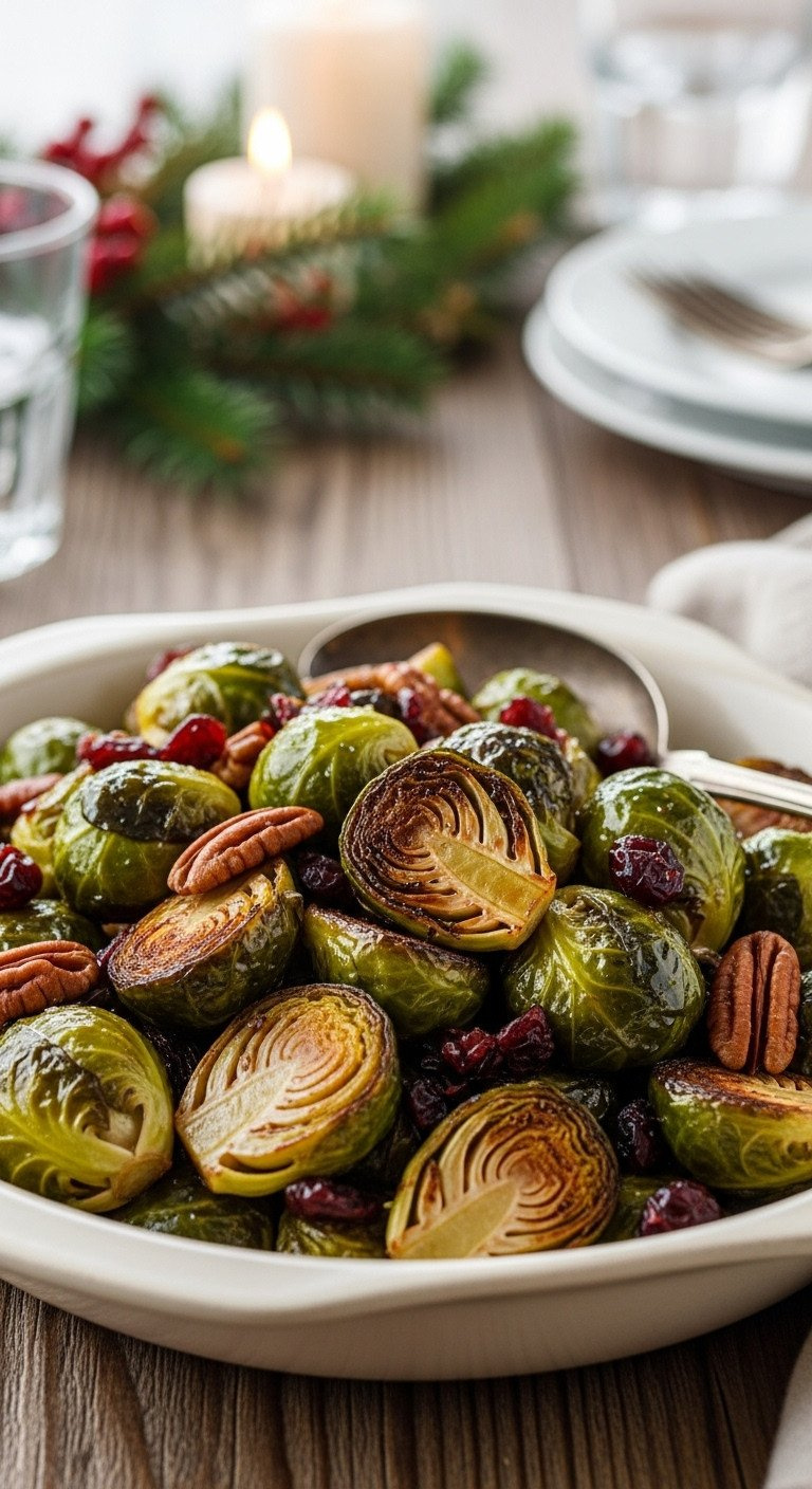 Roasted Brussels Sprouts With Maple-Balsamic Glaze, Dried Cranberries, Pecans In Rustic Bowl On Wooden Table With Holiday Decor, Cozy Setting.