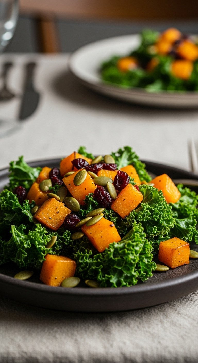 Roasted Butternut Squash Kale Salad With Golden Squash, Dark Kale, Dried Cranberries, Pumpkin Seeds On Rustic Plate.