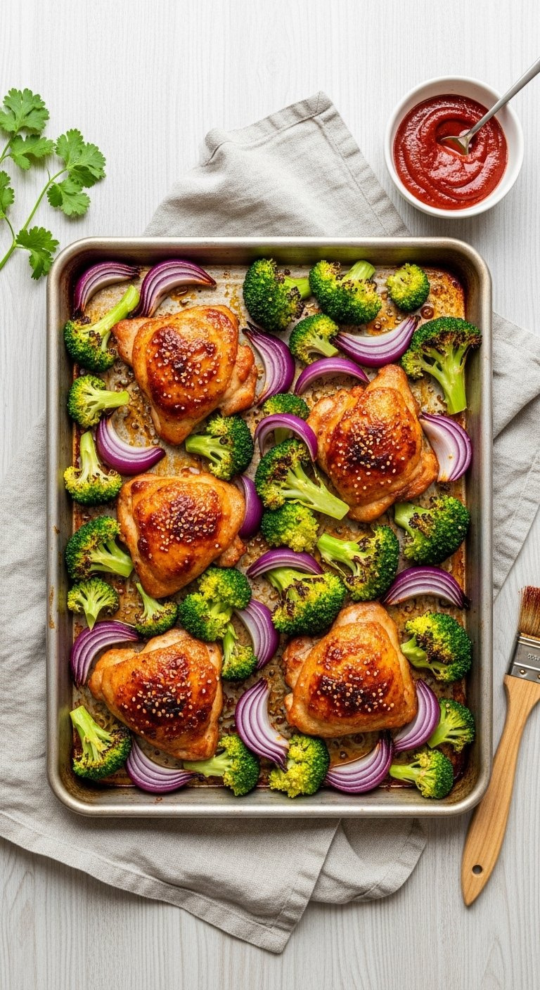 Roasted Gochujang Chicken Thighs And Vegetables On A Sheet Pan With Broccoli And Red Onions.