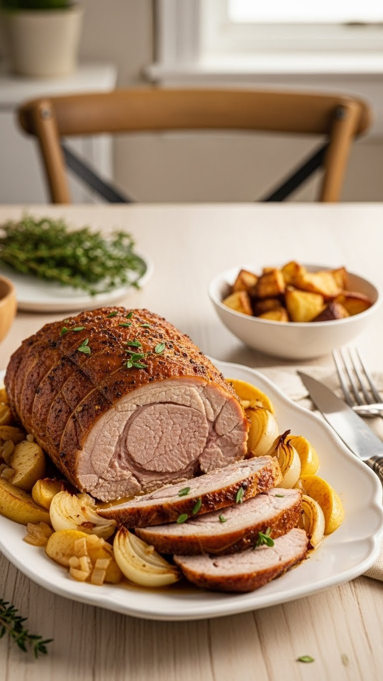 Roasted Instant Pot Whole30 Pork Loin With Caramelized Apples, Onions, And Thyme On An Elegant White Platter.