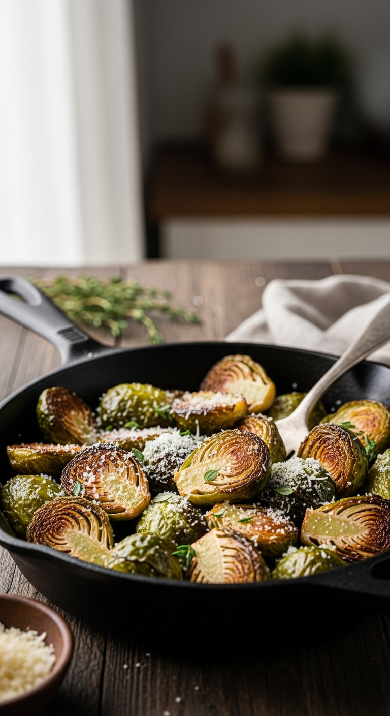 Roasted Parmesan Brussels Sprouts In A Cast Iron Skillet On A Rustic Wood Table With Natural Window Light