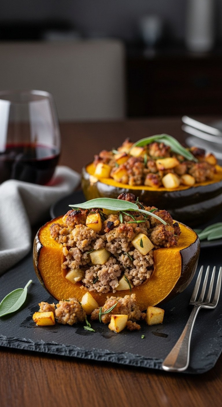 Roasted Acorn Squash Half With Savory Sausage And Apple Stuffing, Garnished With Sage Leaves, On A Dark Slate Platter.