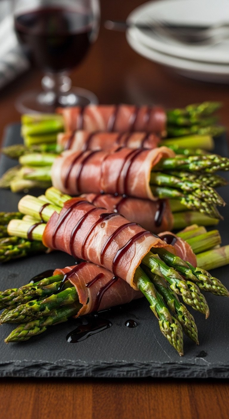 Roasted Asparagus Spears Wrapped In Crispy Prosciutto With Balsamic Glaze On A Slate Board, Elegant Appetizer Or Side Dish.