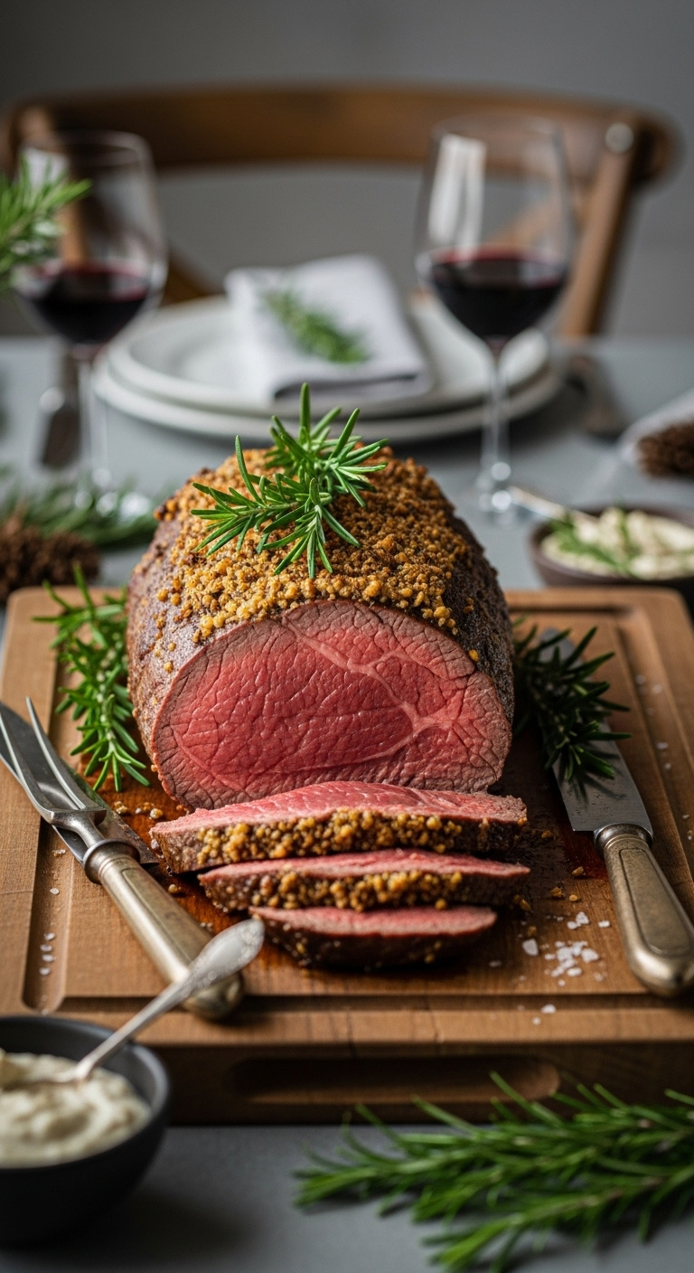 Roasted Beef Tenderloin With Herbs Sliced To Show Pink Center On A Carving Board With Rosemary And Horseradish
