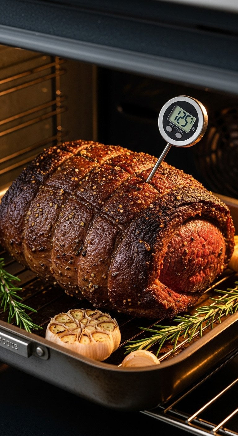 Roasted Beef With Digital Thermometer Displaying 125°F In A Pan With Garlic And Rosemary For Precise Recipe Cooking.
