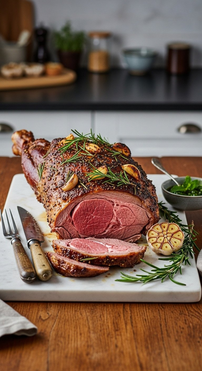 Roasted Bone-In Leg Of Lamb, Medium-Rare, With Rosemary &Amp; Garlic On Marble Carving Board. Golden Hour Light, Rustic Table.