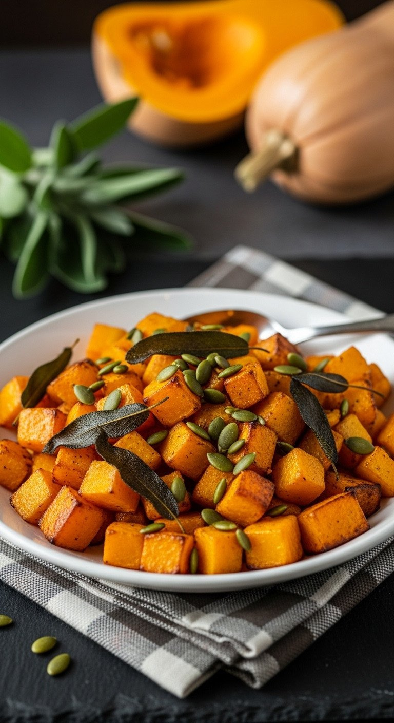 Roasted Butternut Squash Cubes With Sage, Pepitas In A Bowl On Dark Slate With Plaid Napkin, Warm Autumnal Dish.