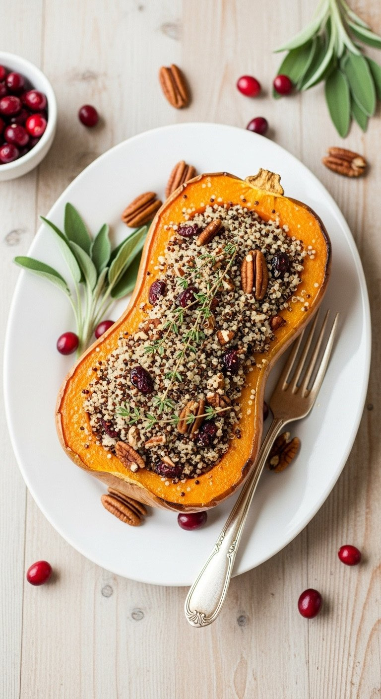 Roasted Butternut Squash Half, Stuffed With Quinoa, Cranberries, Pecans, Herbs, On White Platter With Sage, Festive.