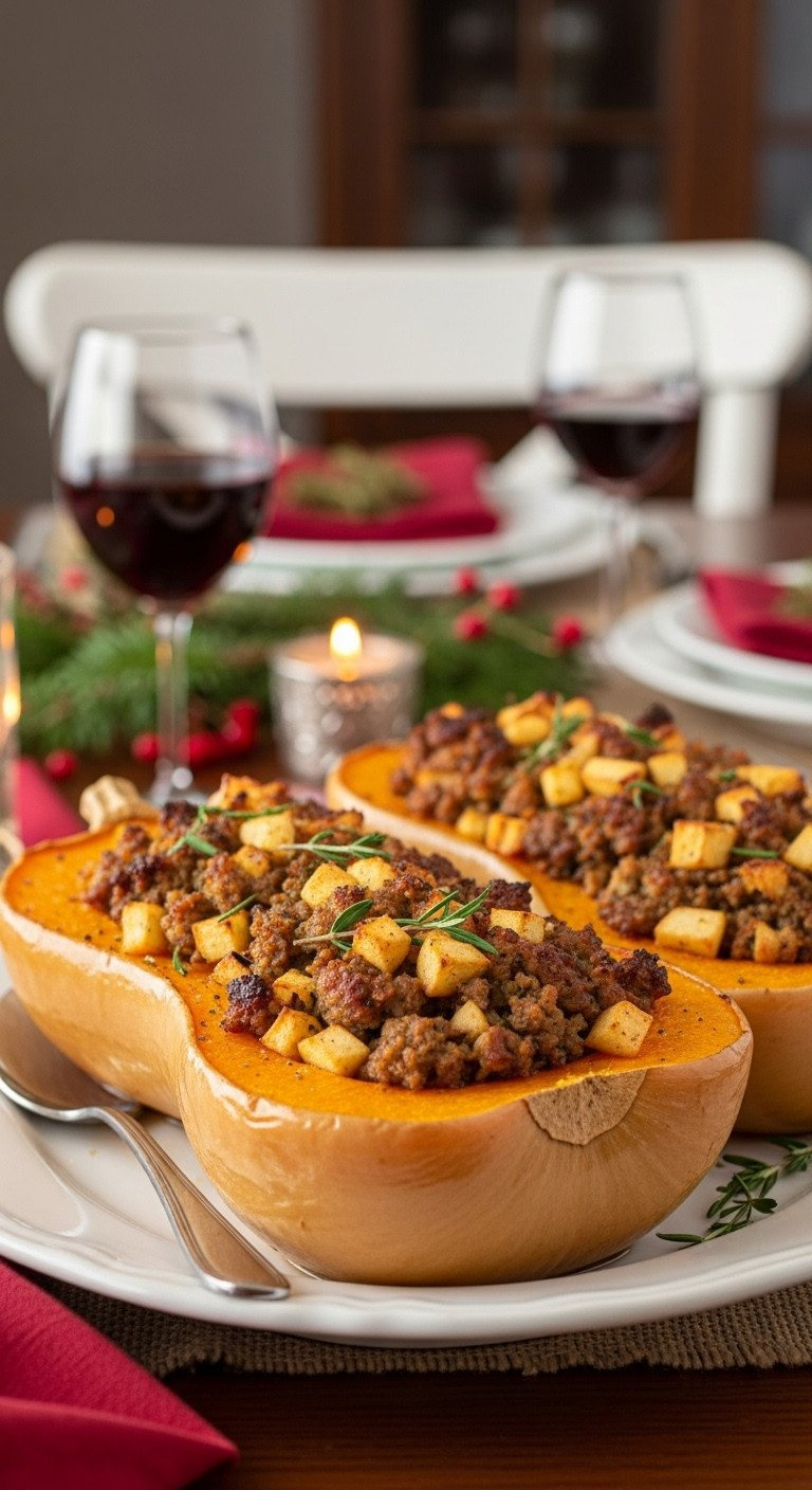 Roasted Butternut Squash Half, Stuffed With Savory Sausage And Apple Filling, On A White Platter. Elegant Fall Holiday Dinner Recipe.