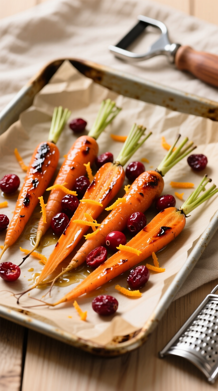Roasted Carrots With Dried Cranberries &Amp; Orange Zest, Slightly Caramelized, On A Parchment-Lined Sheet Pan. Healthy Side Dish.
