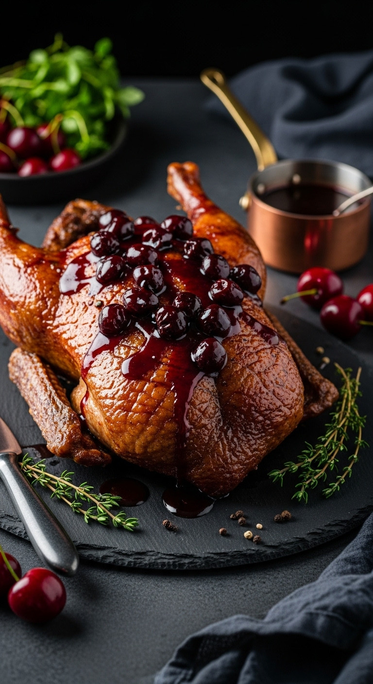 Roasted Duck With Impossibly Crispy Skin, Glazed With Glossy Cherry Sauce, On Dark Slate Platter With Fresh Cherries And Thyme; Elegant Gourmet Dinner.