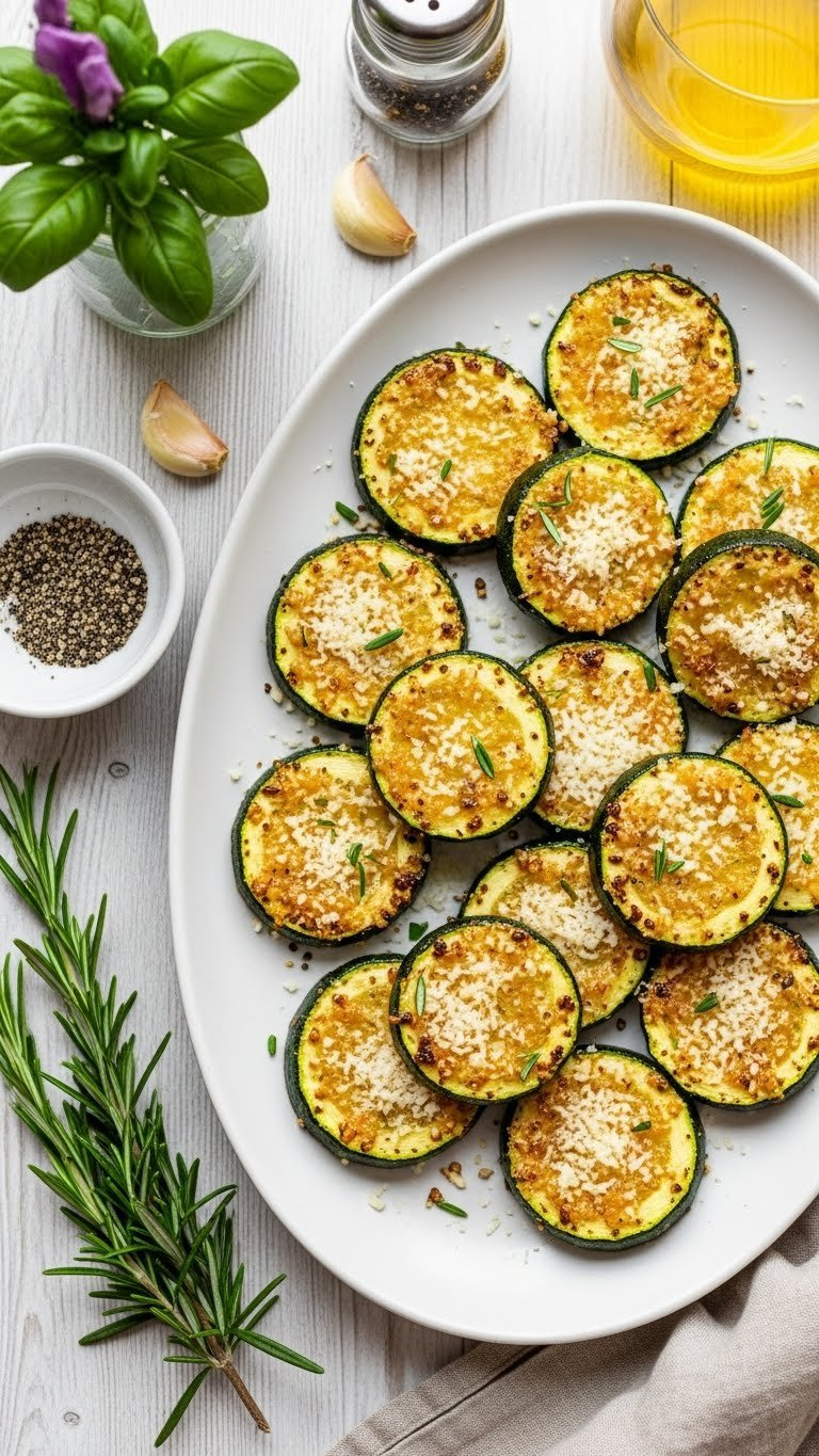 Roasted Garlic Parmesan Zucchini Rounds With Golden Edges And Savory Cheese Coating