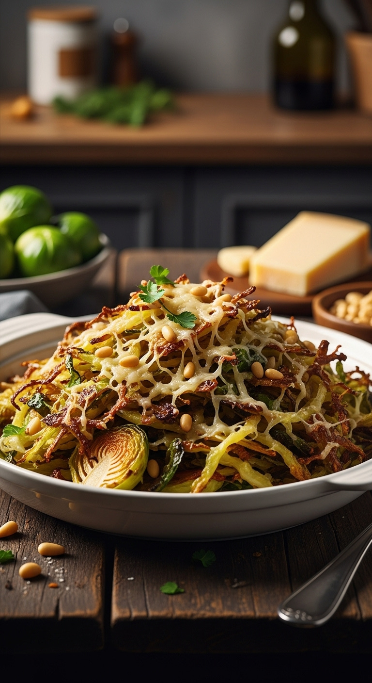 Roasted Garlic Parmesan Shredded Brussels Sprouts With Crispy Edges And Pine Nuts In A White Ceramic Bowl On A Dark Wood Table