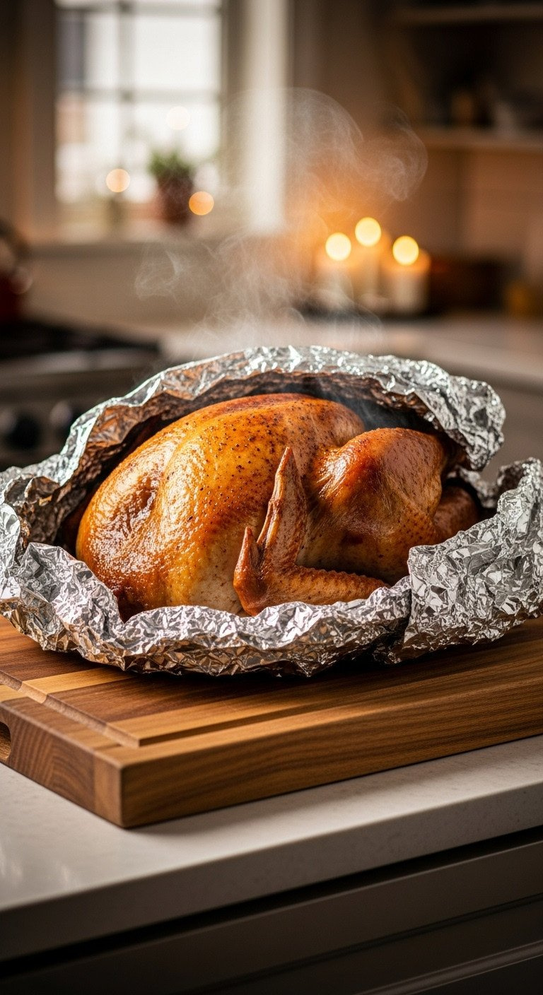 Roasted Golden-Brown Turkey Resting Under Foil On Wooden Carving Board. Steam Rises, Festive Kitchen Ambiance, Ready For Holiday Meal.