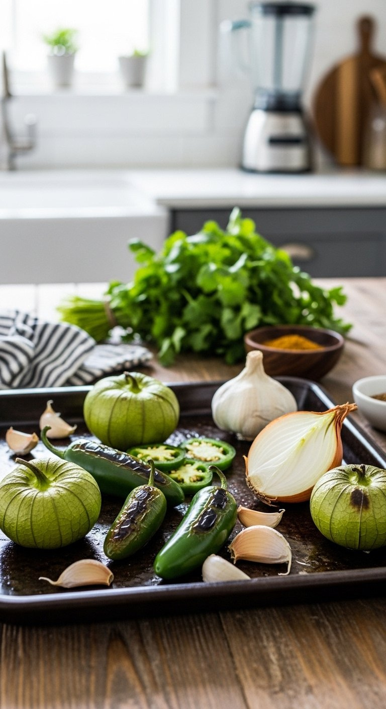 Roasted Green Tomatillos, Jalapeños, White Onion, And Garlic Cloves Arranged On A Dark Metal Baking Sheet With Fresh Cilantro.