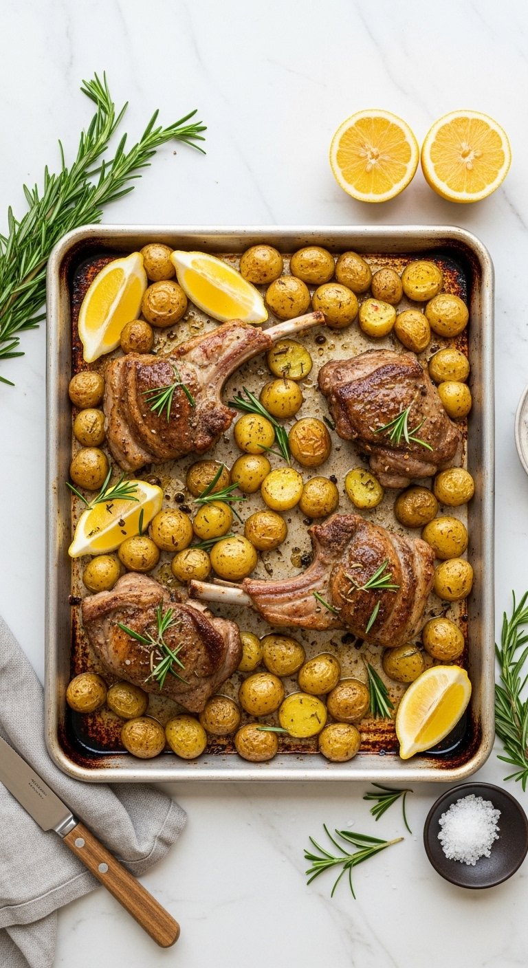 Roasted Lamb Pieces And Golden-Brown Baby Potatoes Glistening With Olive Oil And Fresh Rosemary On A Metal Baking Sheet.