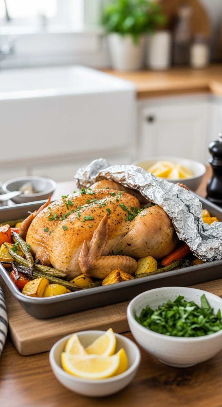Roasted Parmesan Chicken Dinner Resting On A Cutting Board With Fresh Parsley Garnish.
