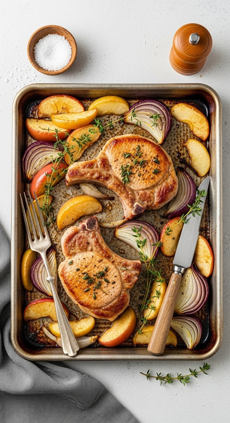 Roasted Pork Chops, Caramelized Apple Wedges, Onions On A Sheet Pan, Garnished With Fresh Thyme. Easy One-Pan Dinner.