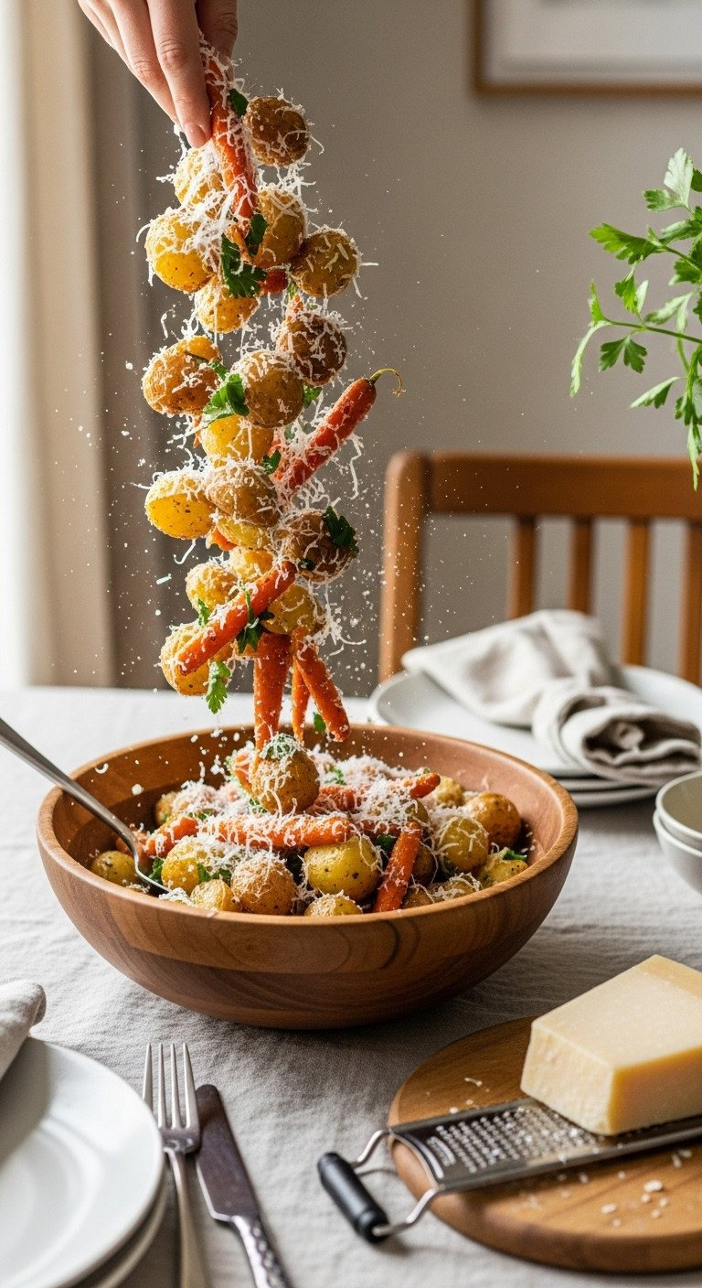 Roasted Potatoes And Carrots Tossed In A Wooden Bowl With Melting Parmesan Cheese And Fresh Parsley. Delicious Family Side.